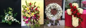 three-sided, spray, wreath, and cross funeral flowers
